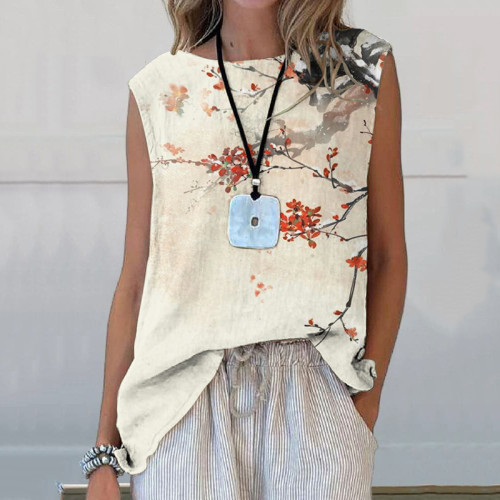 Vintage Floral Art Printed Casual Sleeveless Top