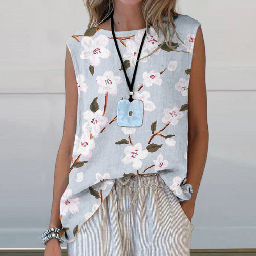 Vintage Floral Art Printed Casual Sleeveless Top