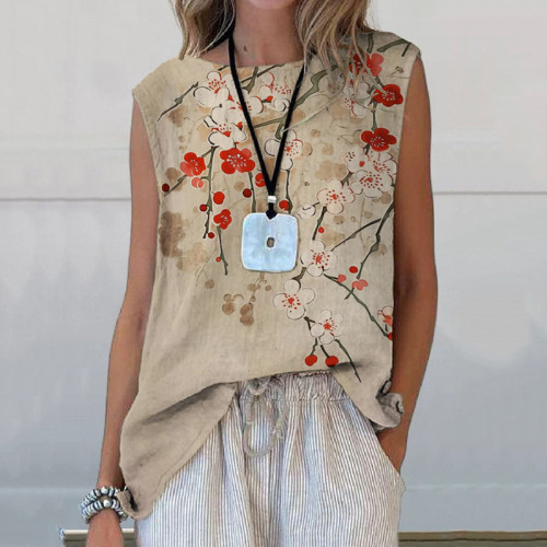 Vintage Floral Art Printed Casual Sleeveless Top