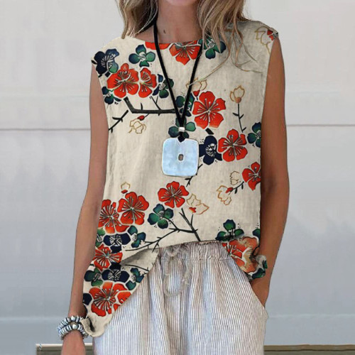 Vintage Floral Art Printed Casual Sleeveless Top