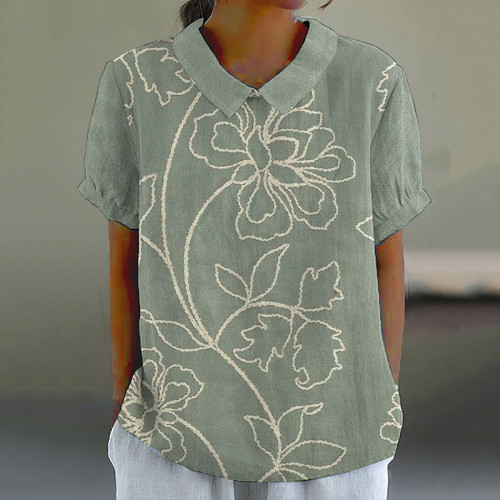 Vintage Floral Art Printed Lapel Casual Shirt