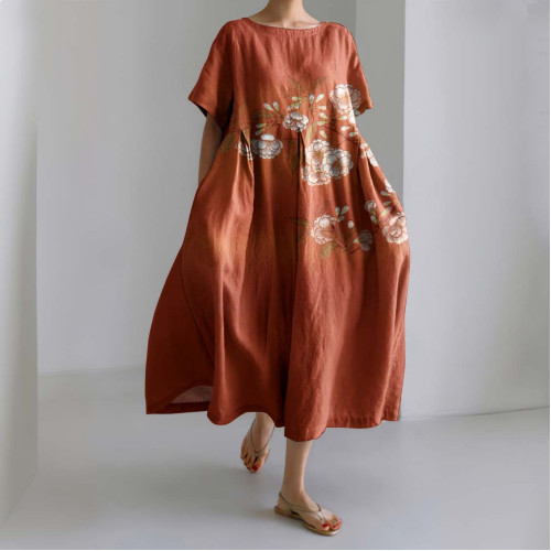 Vintage Floral Art Printed Linen Blend Midi Dress