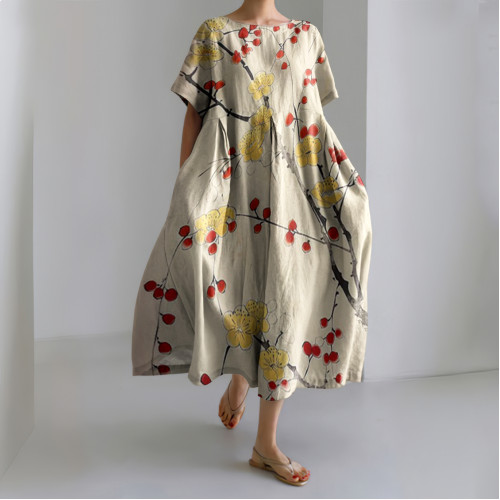 Vintage Floral Art Printed Round Neck Casual Midi Dress