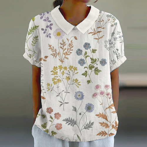 Vintage Floral Art Printed Short Sleeve Casual Shirt
