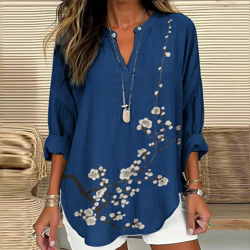 Vintage Floral Art Printed V Neck Casual Long Sleeve Shirt