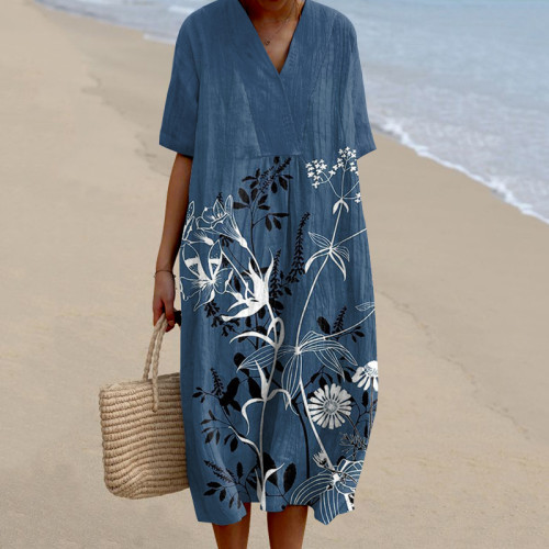 Vintage Floral Art Printed V Neck Casual Midi Dress