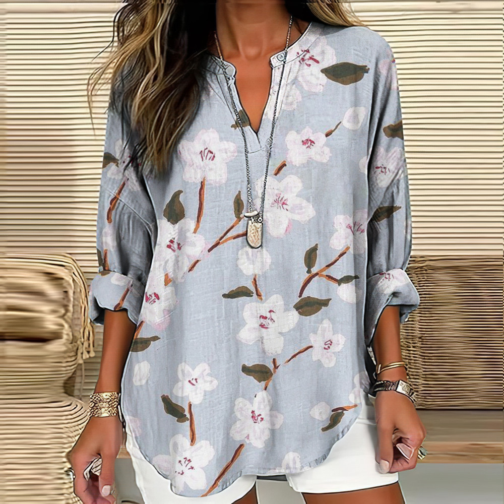 Vintage Floral Art Printed V Neck Casual Shirt