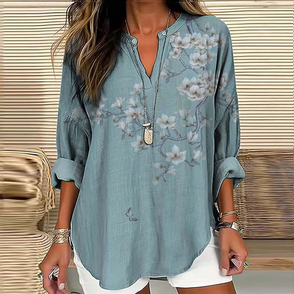 Vintage Floral Art Printed V Neck Casual Shirt