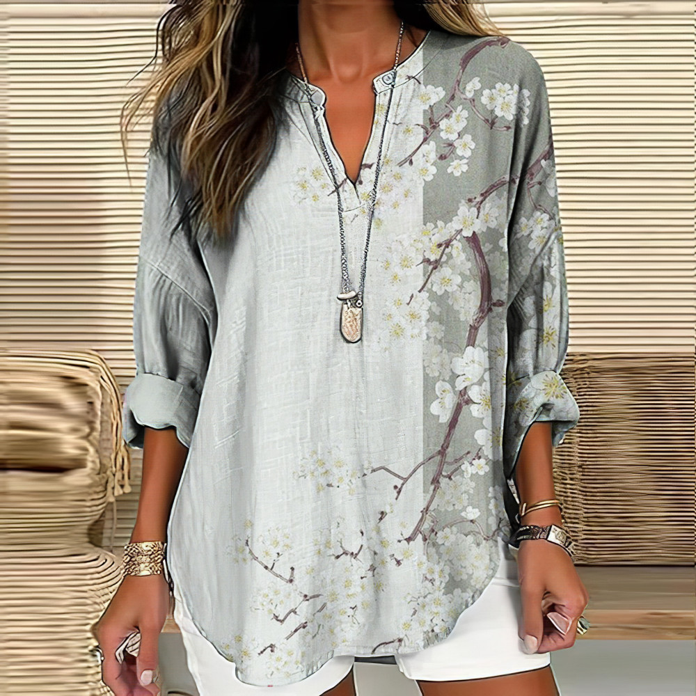 Vintage Floral Art Printed V Neck Casual Shirt