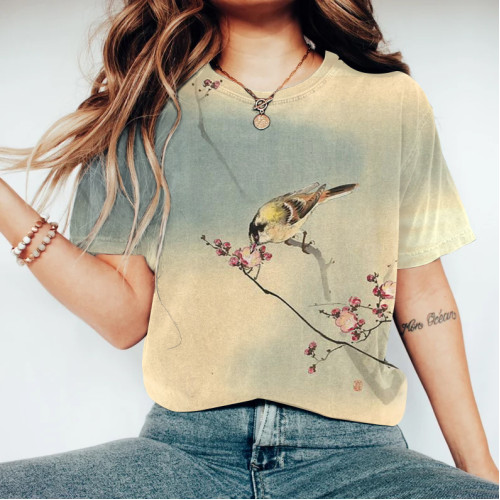 Vintage Floral Bird Blossom Japanese Art Round Neck Casual T-Shirt