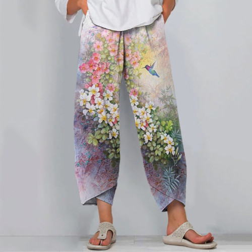 Vintage Floral Bird Print Loose Casual Pants