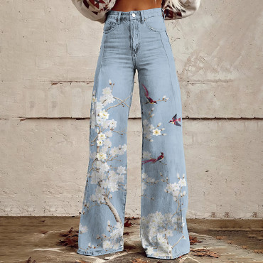 Vintage Floral Bird Print Wide Leg Jeans