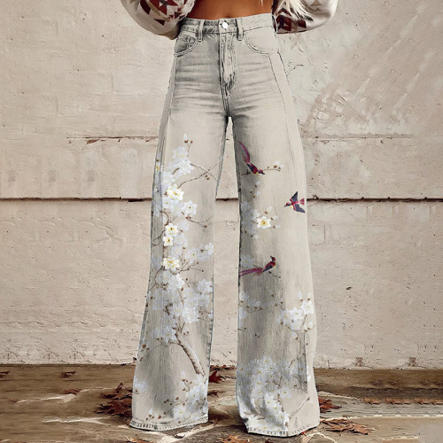 Vintage Floral Bird Print Wide Leg Jeans