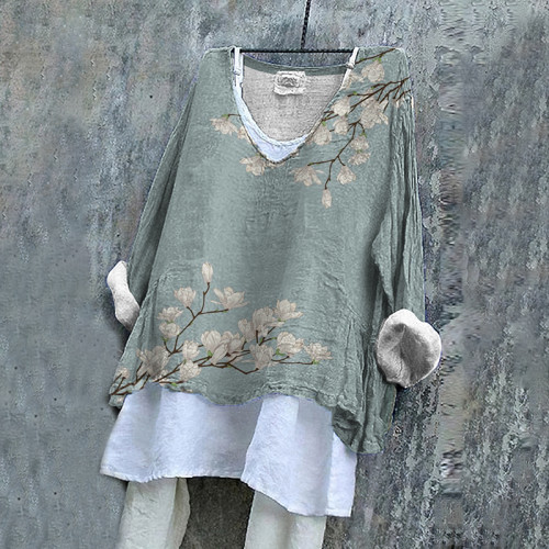 Vintage Floral Cotton Linen V Neck Casual Shirt