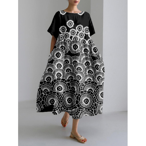 Vintage Floral Embroidered Art Linen Blend Maxi Dress