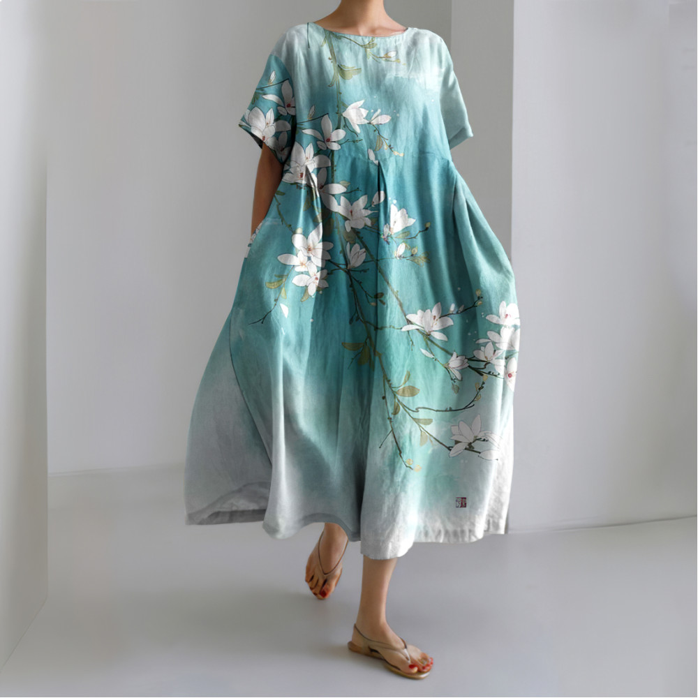 Vintage Floral Japanese Art Print Linen Maxi Dress