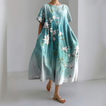 Vintage Floral Japanese Art Print Linen Maxi Dress