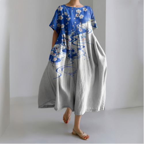 Vintage Floral Japanese Art Printed Casual Loose Dress