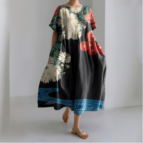 Vintage Floral Japanese Art Printed Casual Loose Dress