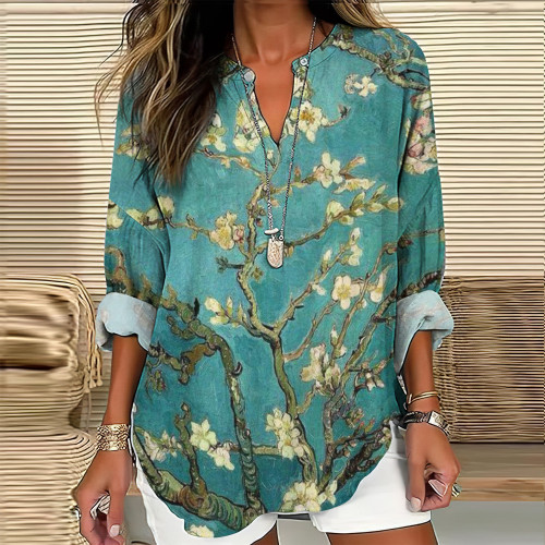 Vintage Floral Painting Japanese Art Linen Blend Tunic