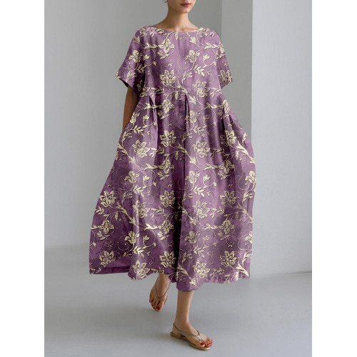 Vintage Floral Pattern Linen Blend Cozy Maxi Dress