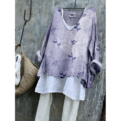 Vintage Floral Pattern Linen Blend Flowy Tunic