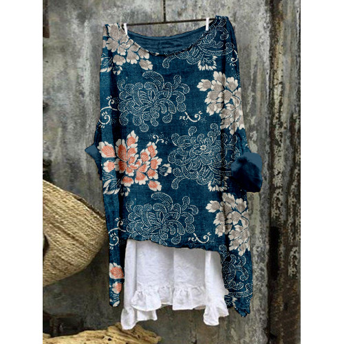 Vintage Floral Pattern Linen Blend Flowy Tunic