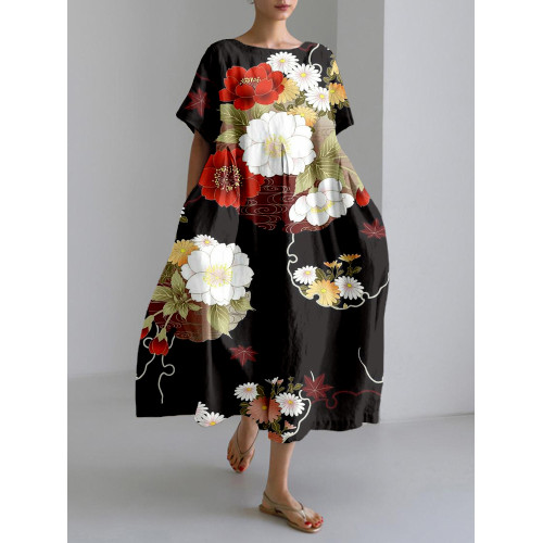 Vintage Floral Pattern Linen Blend Maxi Dress