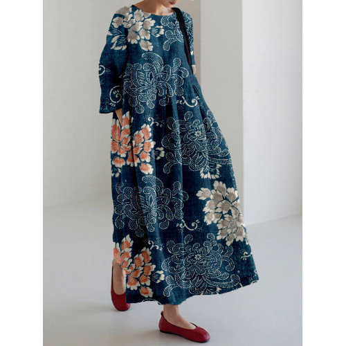 Vintage Floral Pattern Linen Blend Maxi Dress