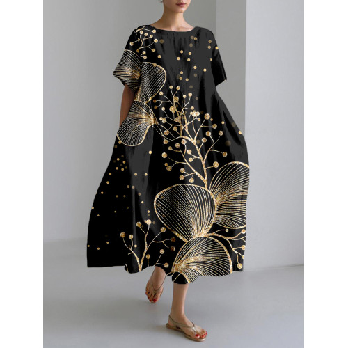 Vintage Floral Pattern Linen Blend Maxi Dress