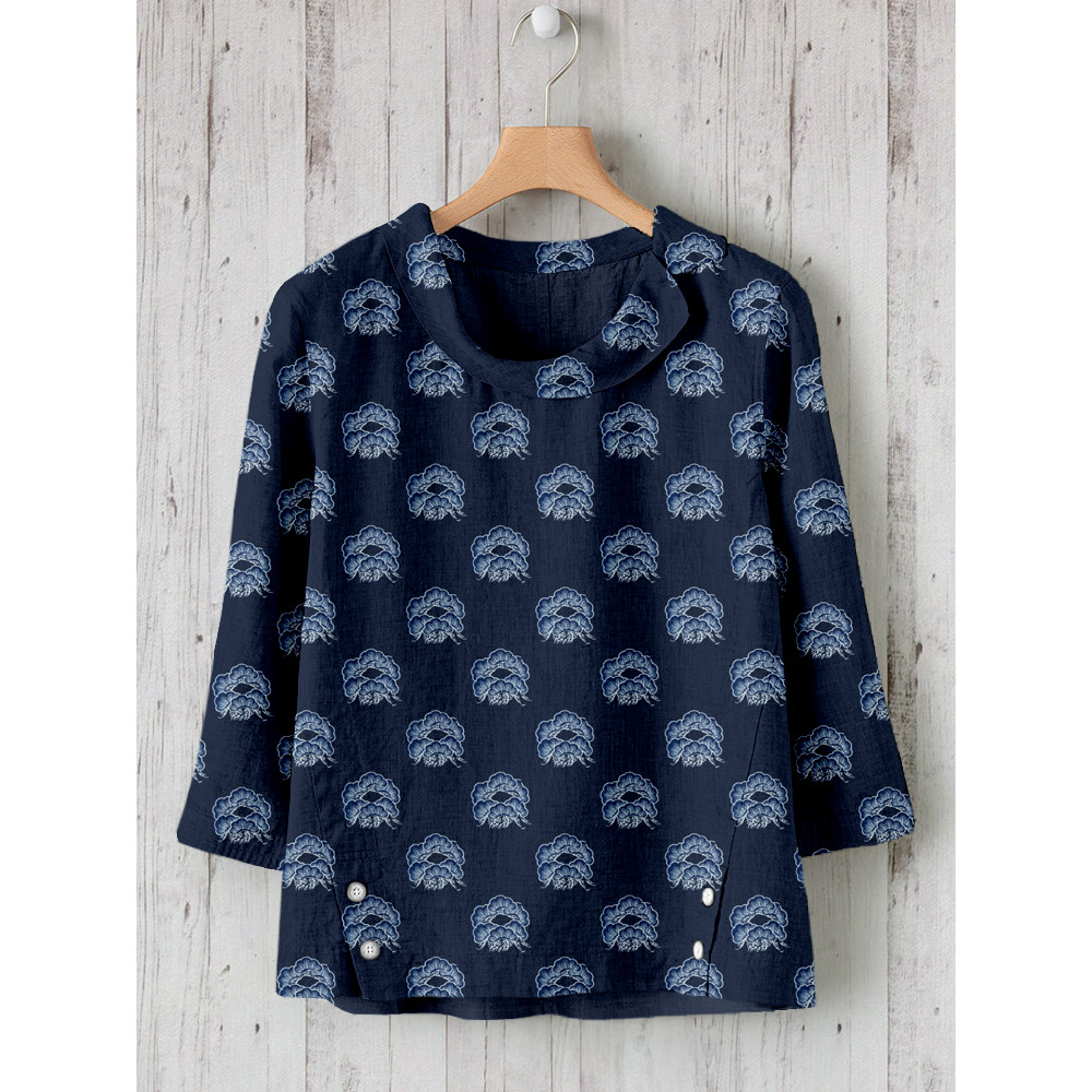 Vintage Floral Pattern Linen Blend Shirt