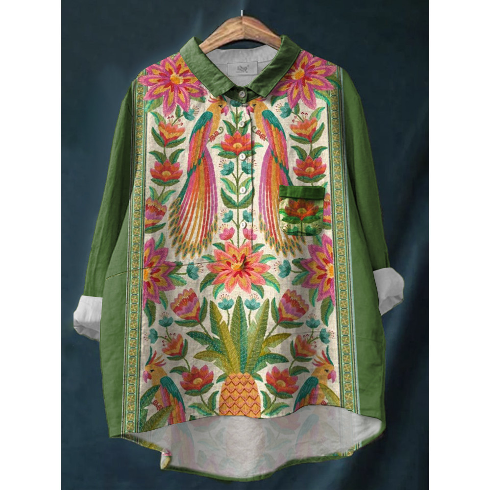Vintage  Floral  Print Casual Linen Blend Pocket Shirt