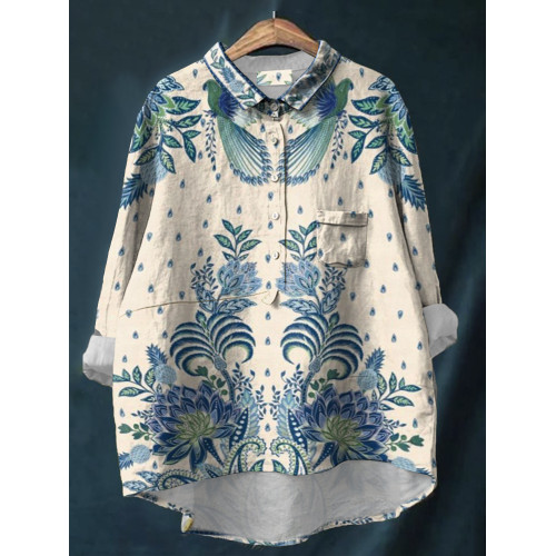 Vintage  Floral  Print Casual Linen Blend Pocket Shirt