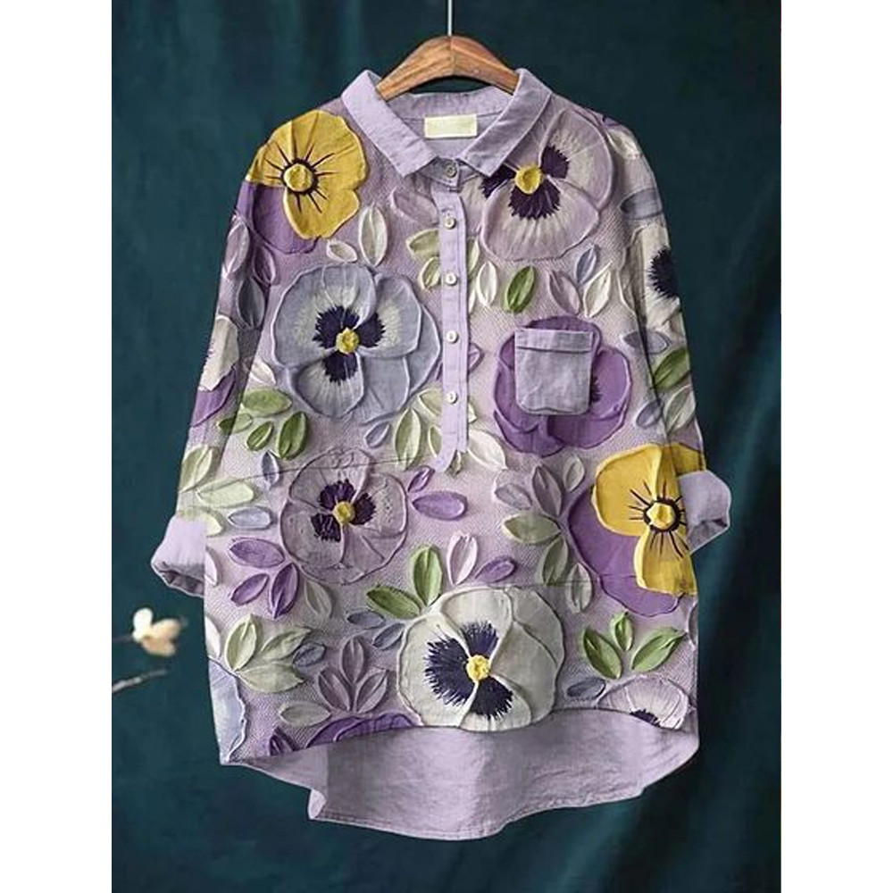 Vintage  Floral  Print Casual Linen Blend Pocket Shirt