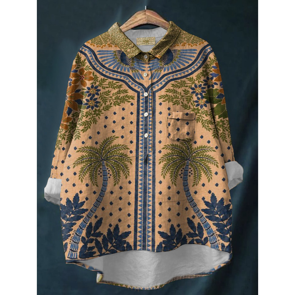 Vintage  Floral  Print Casual Linen Blend Pocket Shirt