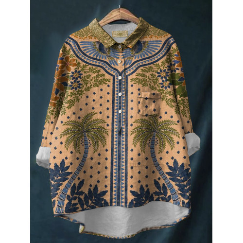 Vintage  Floral  Print Casual Linen Blend Pocket Shirt