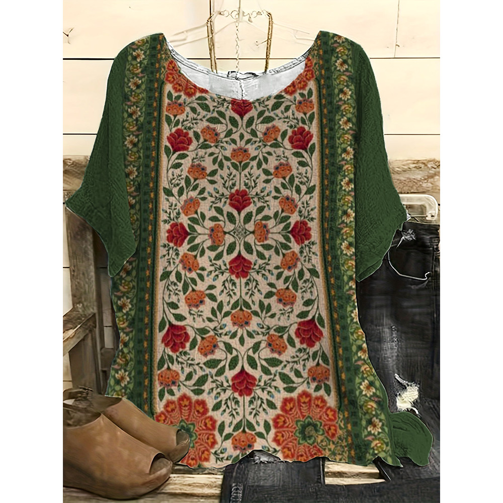 Vintage  Floral  Print Casual Linen Blend Shirt