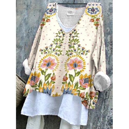 Vintage  Floral  Print Casual Linen Blend Shirt