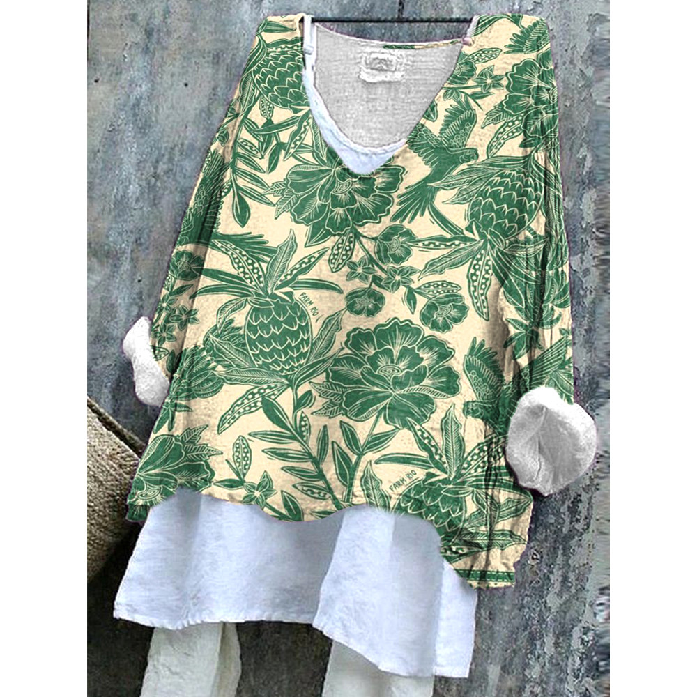 Vintage  Floral  Print Casual Linen Blend Shirt