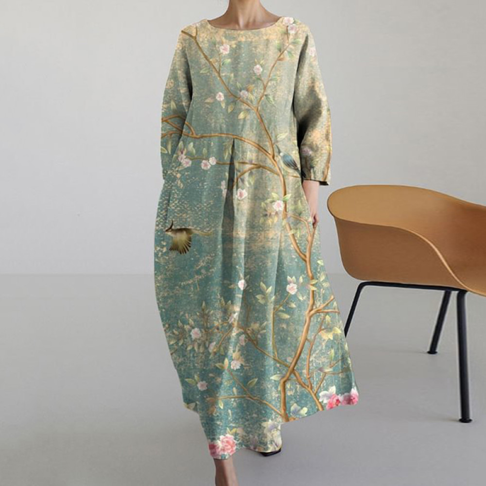 Vintage Floral Print Casual Midi Dress