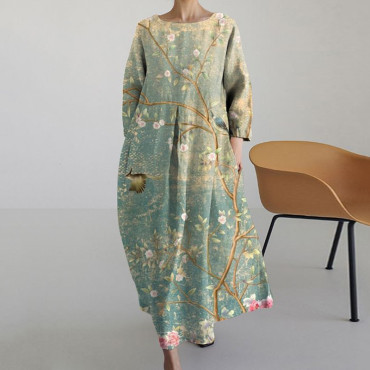 Vintage Floral Print Casual Midi Dress