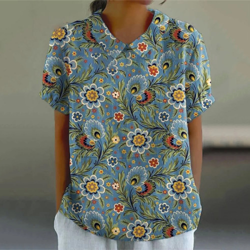 Vintage Floral Print Lapel Blouse
