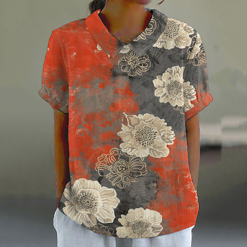 Vintage Floral Print Lapel Short Sleeve Blouse