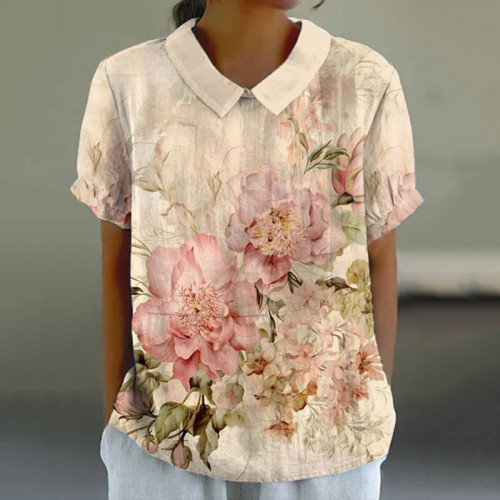 Vintage Floral Print Lapel Short Sleeved Blouse