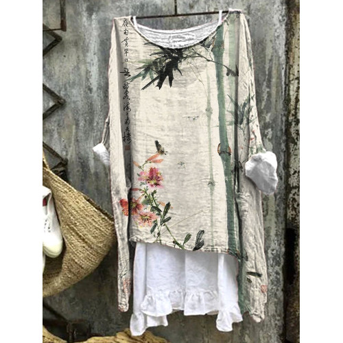 Vintage Floral Print Linen Crew Neck Shirt