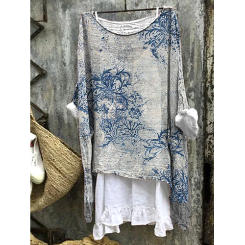 Vintage Floral Print Linen Crew Neck Shirt