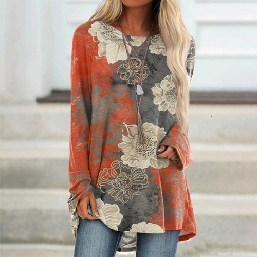Vintage Floral Print Long Sleeve Casual Tunic