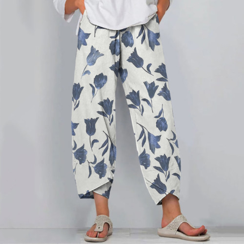 Vintage Floral Print Loose Casual Pants
