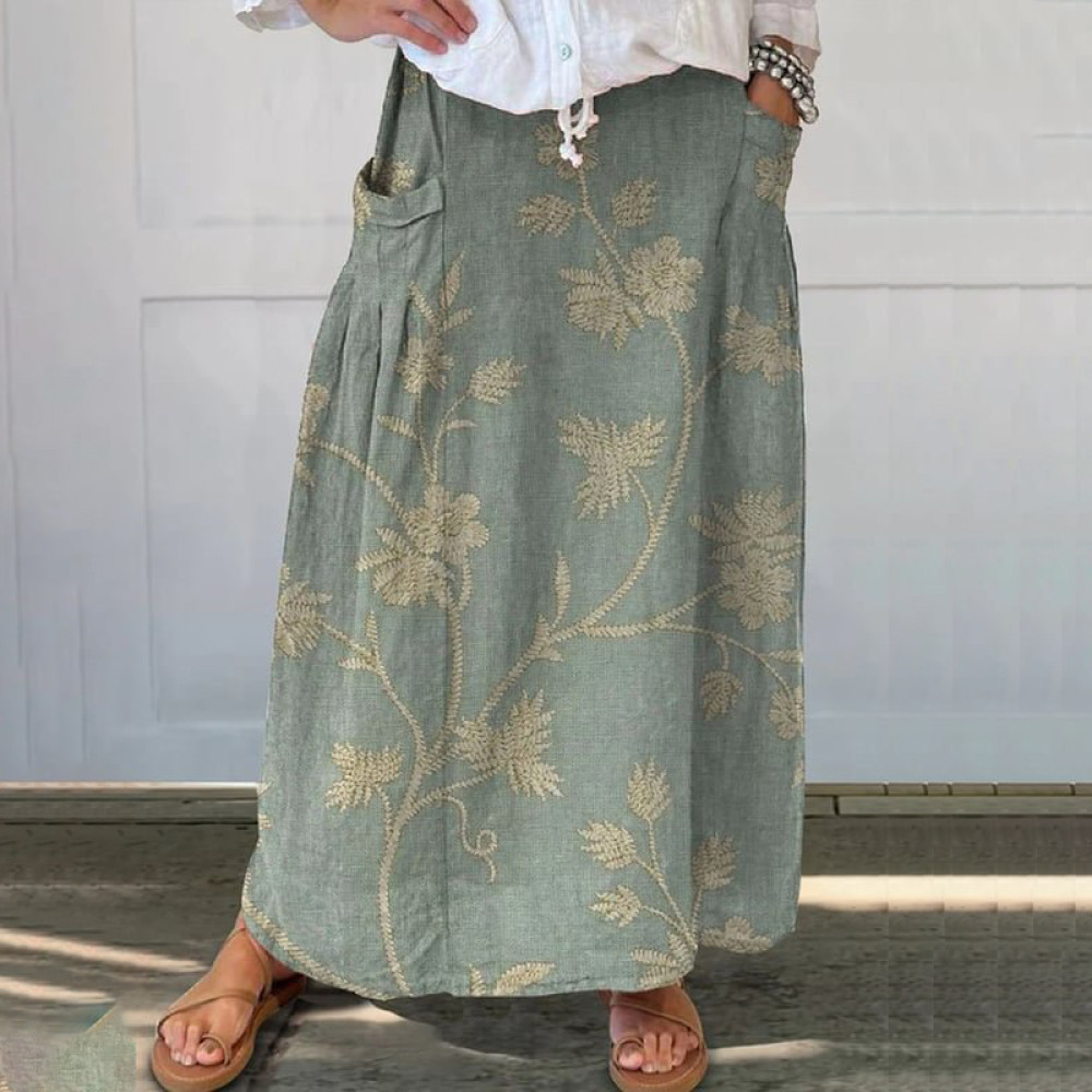 Vintage Floral Print Loose Pocket Casual Skirt