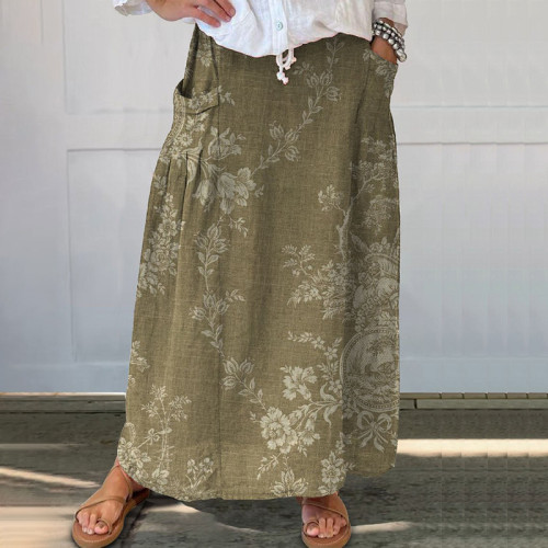 Vintage Floral Print Pocket Casual Skirt